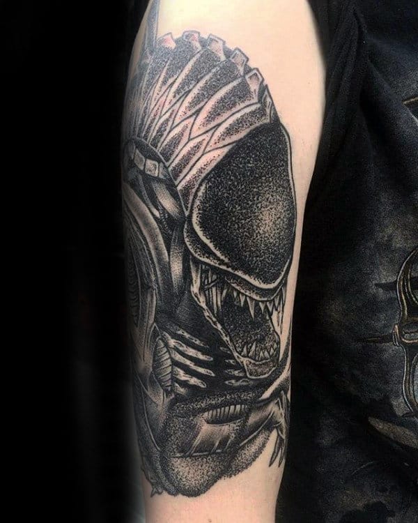 Dotwork Male Alien Arm Tattoos