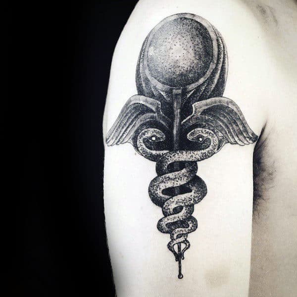 Dotwork Male Caduceus Upper Arm Tattoos