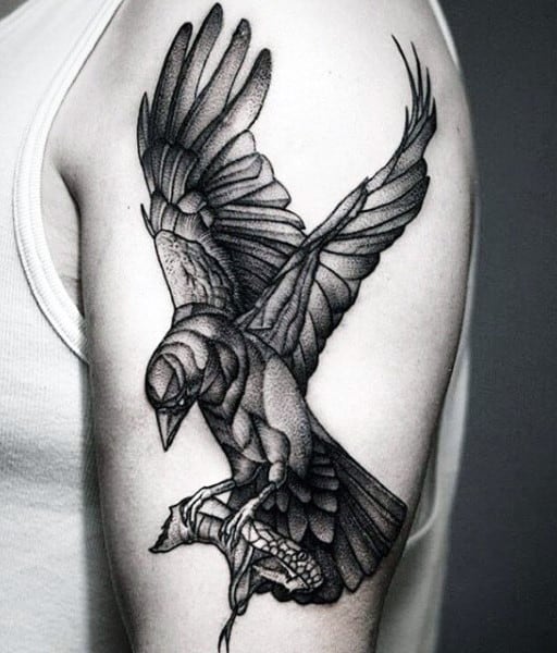 Dotwork Male Crow Tattoo On Upper Arm