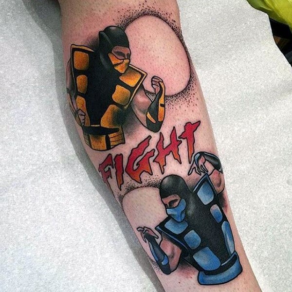 Dotwork Male Fight Mortal Kombat Sub Zero And Scorpion Tattoo On Forearm
