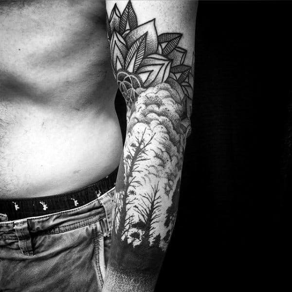 Dotwork Male Forest Clouds Tattoo On Arm