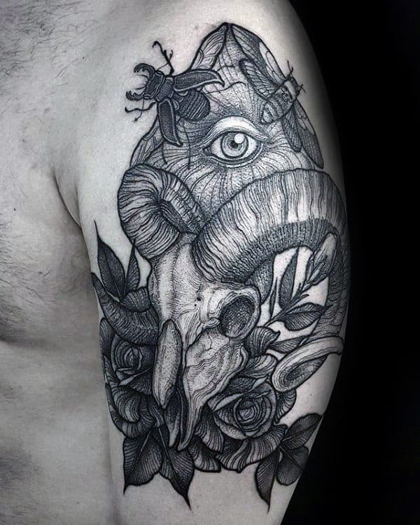 Dotwork Mens All Seeing Eye Goat Skull Arm Tattoos