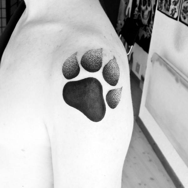 Dotwork Mens Black Ink Footprint Shoulder Tattoo Ideas