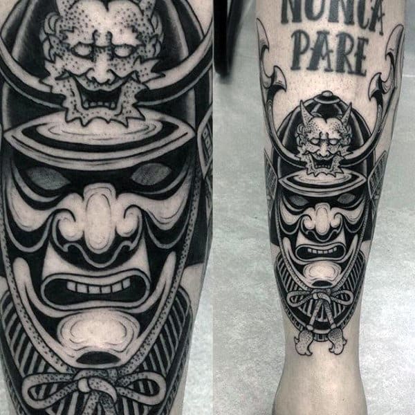 Dotwork Mens Detailed Samurai Helmet Mask Leg Tattoo
