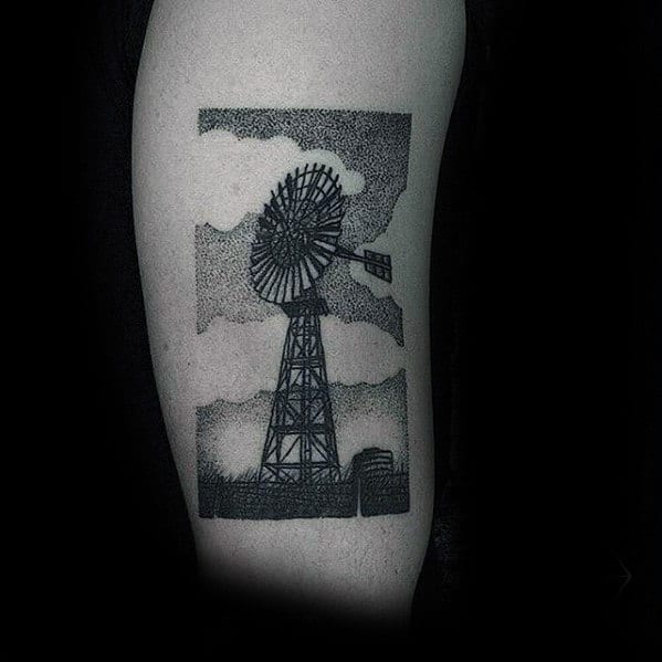 Dotwork Mens Farm Windmill Arm Bicep Tattoo