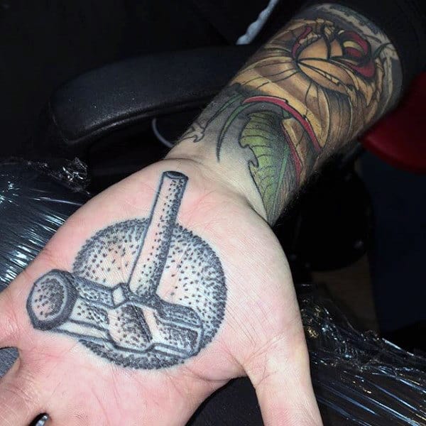 Dotwork Mens Hammer Palm Tattoo