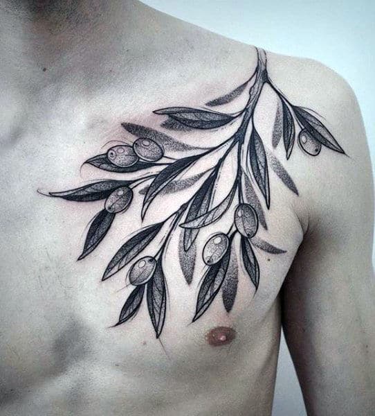 Dotwork Mens Masculine Olive Branch Upper Chest Tattoo