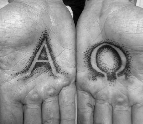 Dotwork Mens Palm Alpha Omega Tattoo Design Ideas