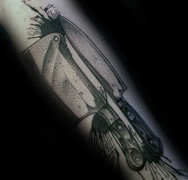 Dotwork Mens Watercolor Paint Splatter Chef Knife Tattoos