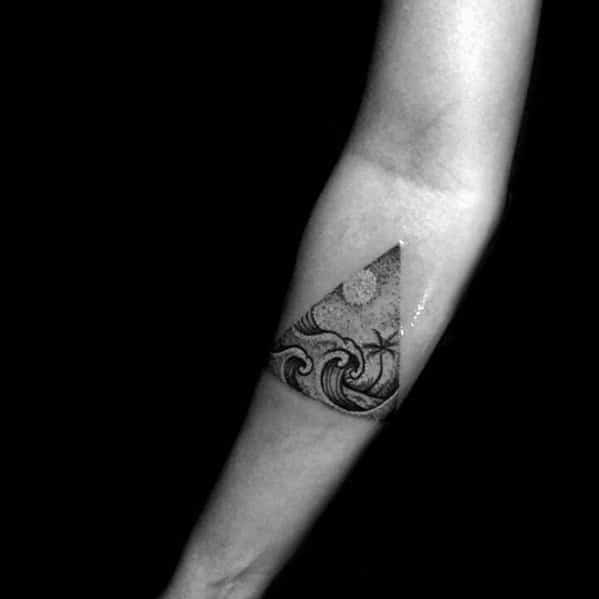 Dotwork Moon Over Ocean Guys Inner Forearm Small Tattoo Designs