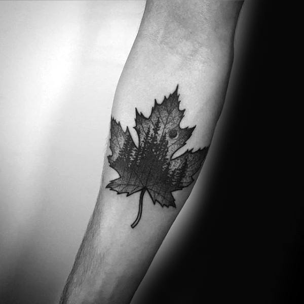 Dotwork Nature Maple Leaf Mens Inner Forearm Tattoo Designs