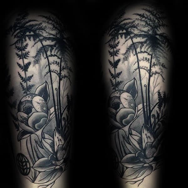 Dotwork Nature Themed Mens Fern Half Sleeve Tattoos