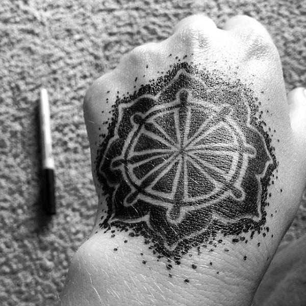 Dotwork Negative Space Dharma Wheel Hand Tattoo For Men