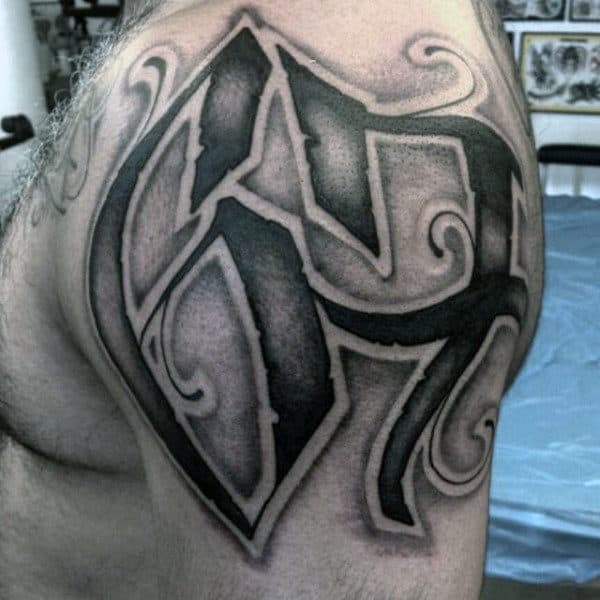 Dotwork Numbers 67 Mens Shoulder Tattoo