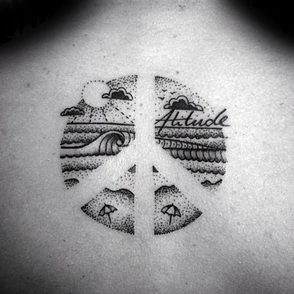 Dotwork Ocean Beach Mens Peace Sign Upper Back Tattoos