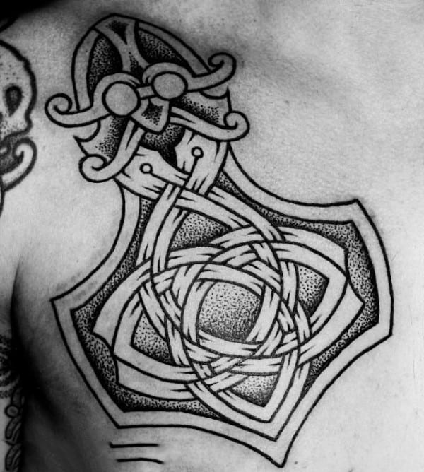 Dotwork Ornate Mjolnir Guys Upper Chest Tattoos