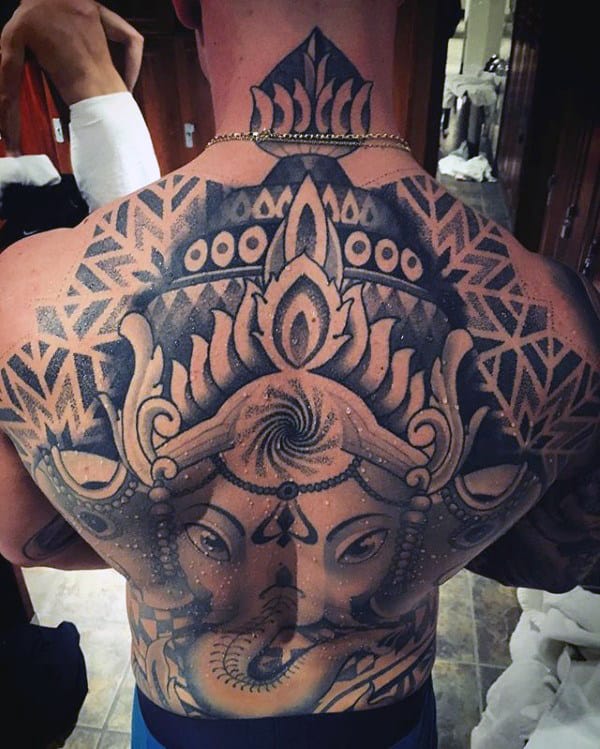 Dotwork Pattern Male Ganesh Full Back Tattoo Designs