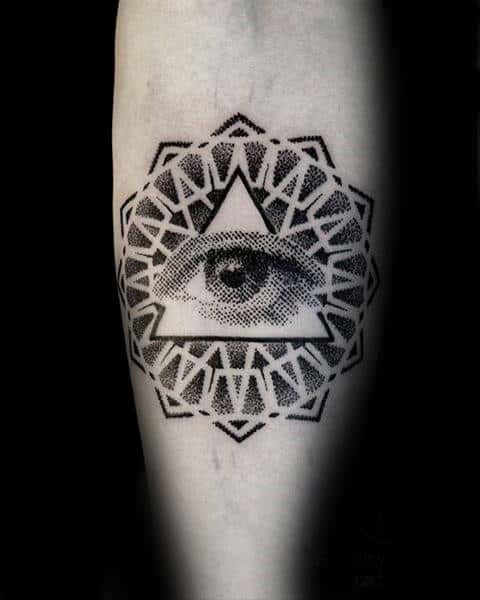 Dotwork Pattern Mens Eye Of Providence Geometric Tattoo Design On Forearm