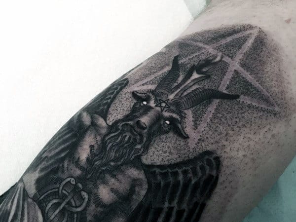 Dotwork Pentagram Baphomet Mens Leg Calf Tattoos