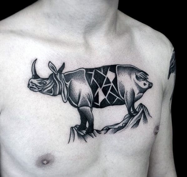 Dotwork Rhino Pig Guys Unusual Upper Chest Tattoo