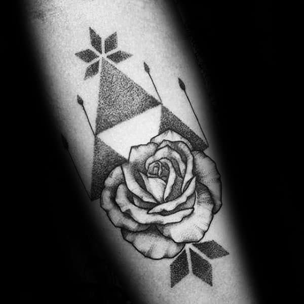 Dotwork Rose Flower Guys Geometric Triforce Symbol Tattoos On Inner Forearm