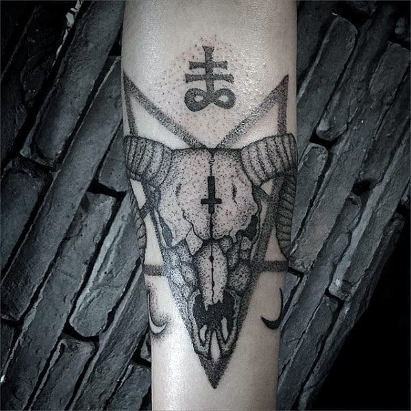 Dotwork Skull Baphomet Mens Inner Forearm Tattoo