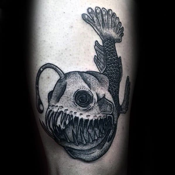 Dotwork Thigh Mens Angler Fish Tattoo Ideas