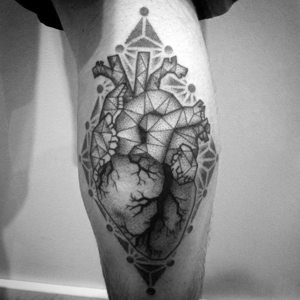 Dotwork Tree Roots Geometric Heart Mens Leg Calf Tattoos