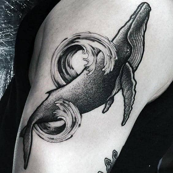 Dotwork White And Black Ink Male Whale Ocean Water Arm Tattos