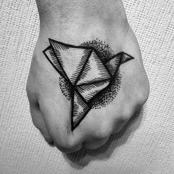 Dotwork Woodcut Guys Origami Bird Hand Tattoos