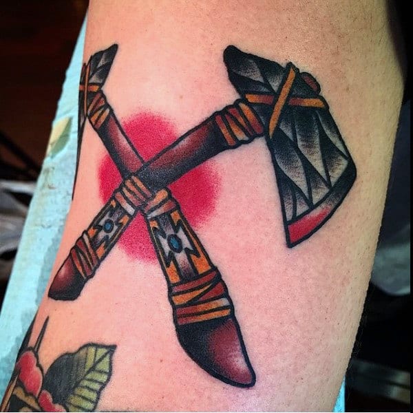 Double Crossed Tomahawks Tattoo For Men On Arm