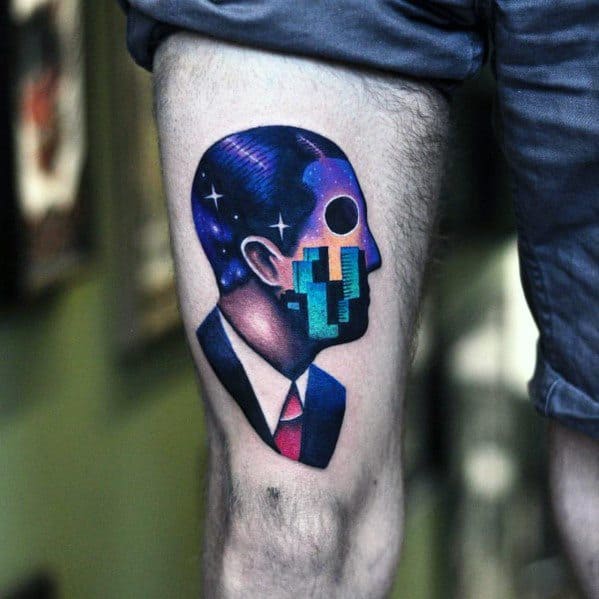 Futuristic tattoo of a man in a suit with a pixelated face and a starry galaxy inside his head, blending retro and sci-fi vibes.