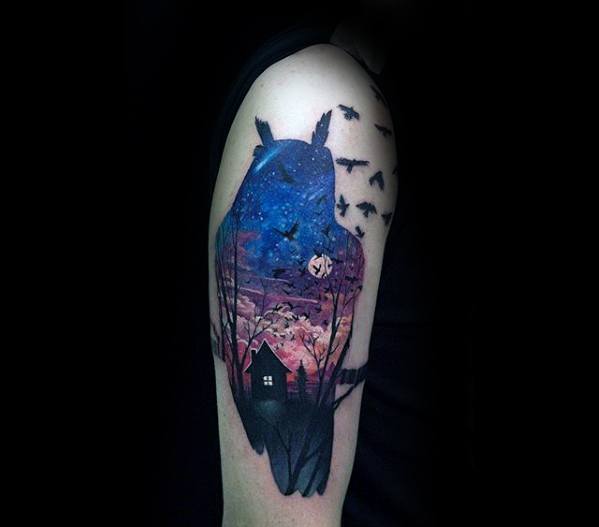 Vibrant tattoo of a bear silhouette filled with a twilight forest scene, a glowing cabin, starry sky, and birds flying across the moon.