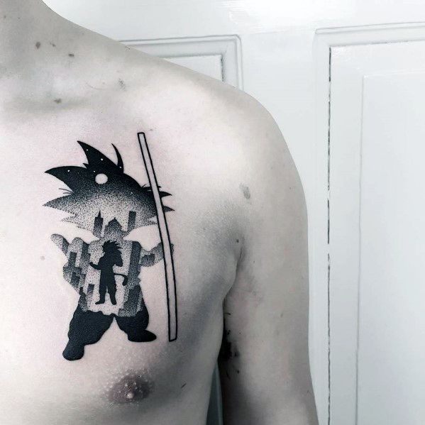 Dotwork tattoo of a stylized Goku silhouette with a cityscape and child figure inside, blending anime with urban and nostalgic themes.
