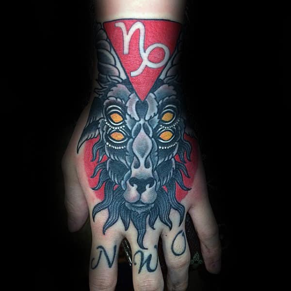 Double Eyed Goat Mens Capricorn Symbol Hand Tattoos