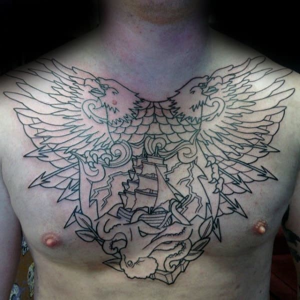 Double Headed Eagle With Sailing Ship Mens Upper Chest Tattoos