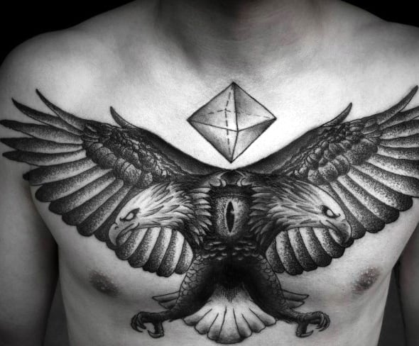 Double Headed Geometric Mens Eagle Upper Chest Tattoo