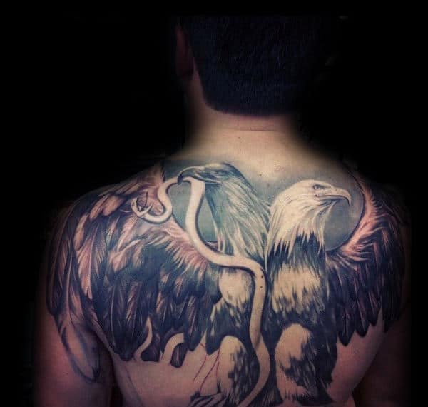 Double Headed Mexican Eagle Mens Back Tattoo