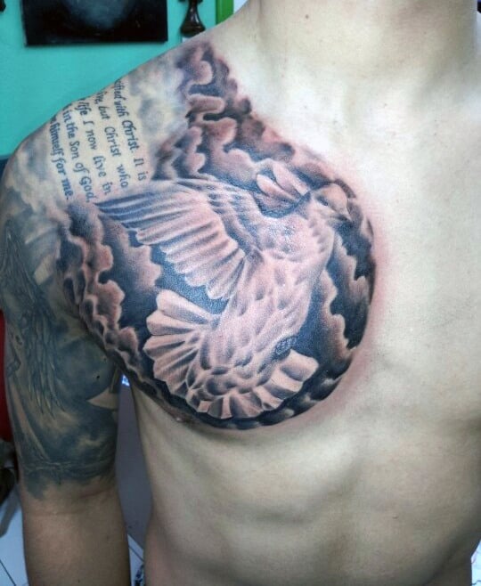 Dove Chest Tattoos On Man With Quote