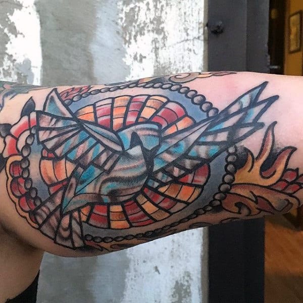 Dove Flying Mens Bicep Stained Glass Tattoos