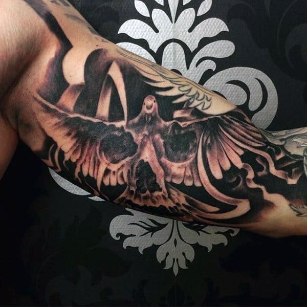 Dove Flying Tattoo With Skull For Men On Bicep