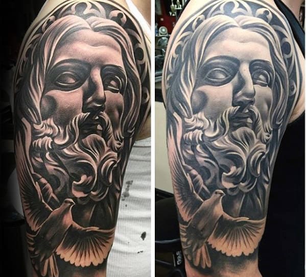 Dove Flying With Jesus And Church Window Male Arm Tattoos