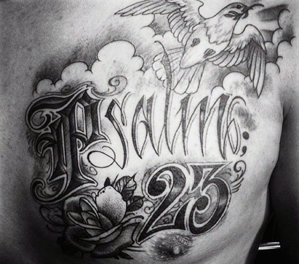 Dove Flying With Psalm 23 Mens Upper Chest Tattoos
