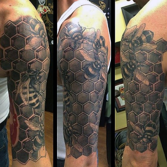Dove Grey Honeycomb And Bees Tattoo Males Upper Arm