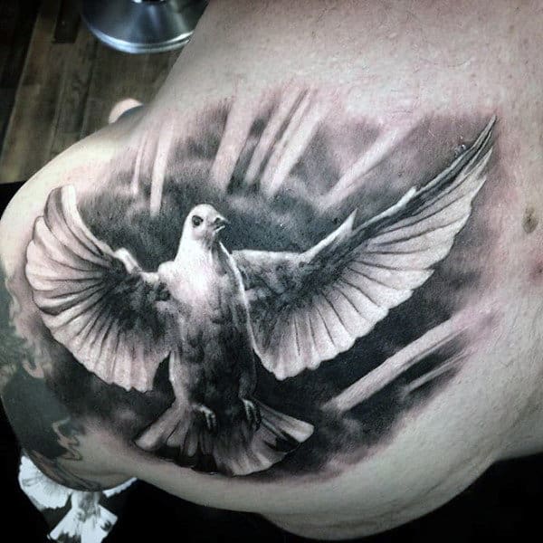 Dove Shoulder Tattoo For Men With White Clouds
