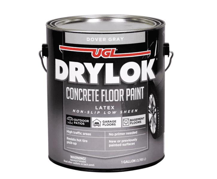 Dover Gray concrete floor paint can with non-slip latex formula for garages and outdoor patios.