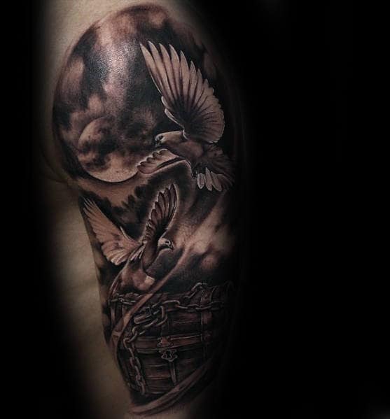 Doves Flying With Treasure Chest Mens Realistic Half Sleeve Tattoos