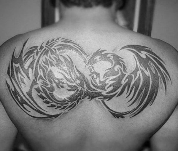 Dragon And Phoenix Mens Tribal Upper Back Tattoos