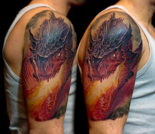 Dragon Breathing Fire Mens Arm Quarter Sleeve Tattoo