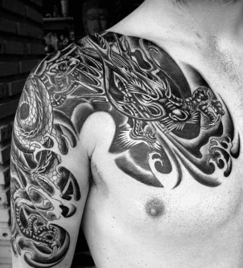 Dragon Breathing Fire Shaded Guys Shoulder Tattoo Deisgns